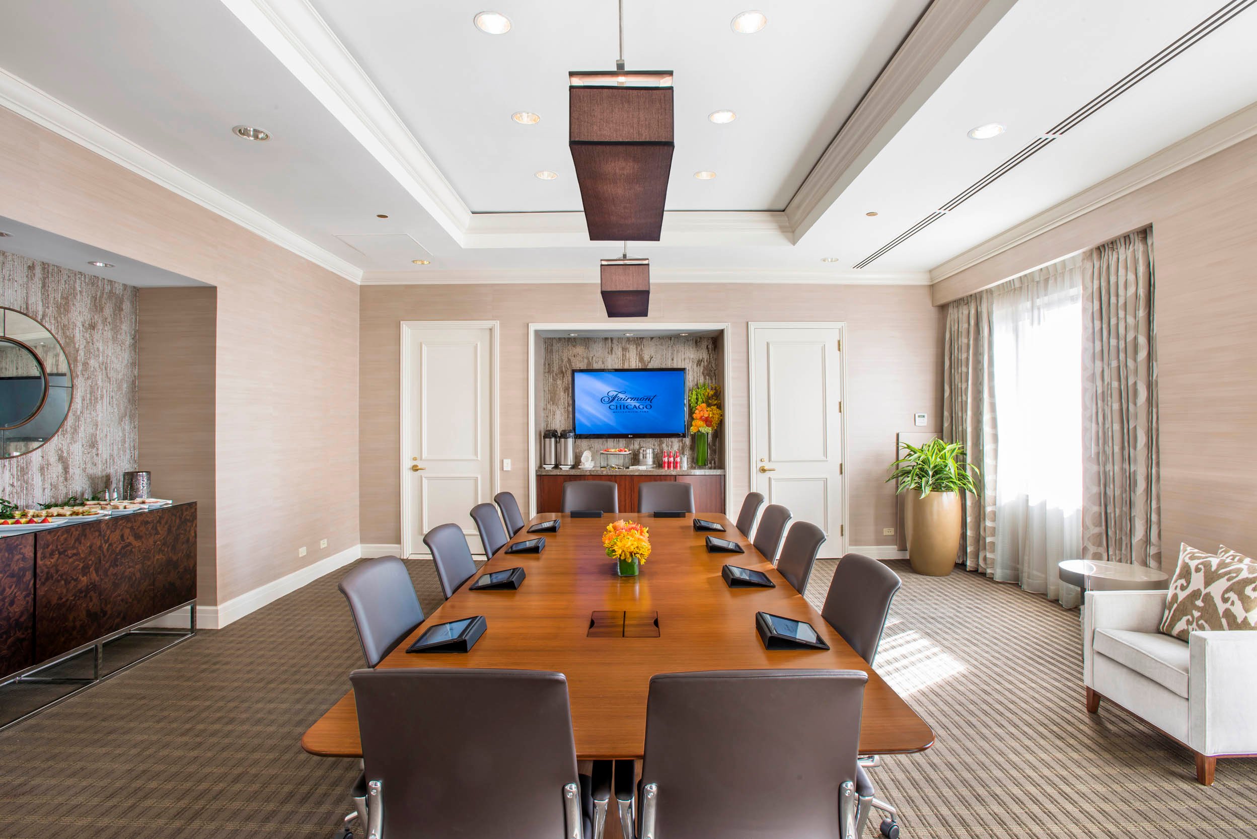boardroom table set for a meeting
