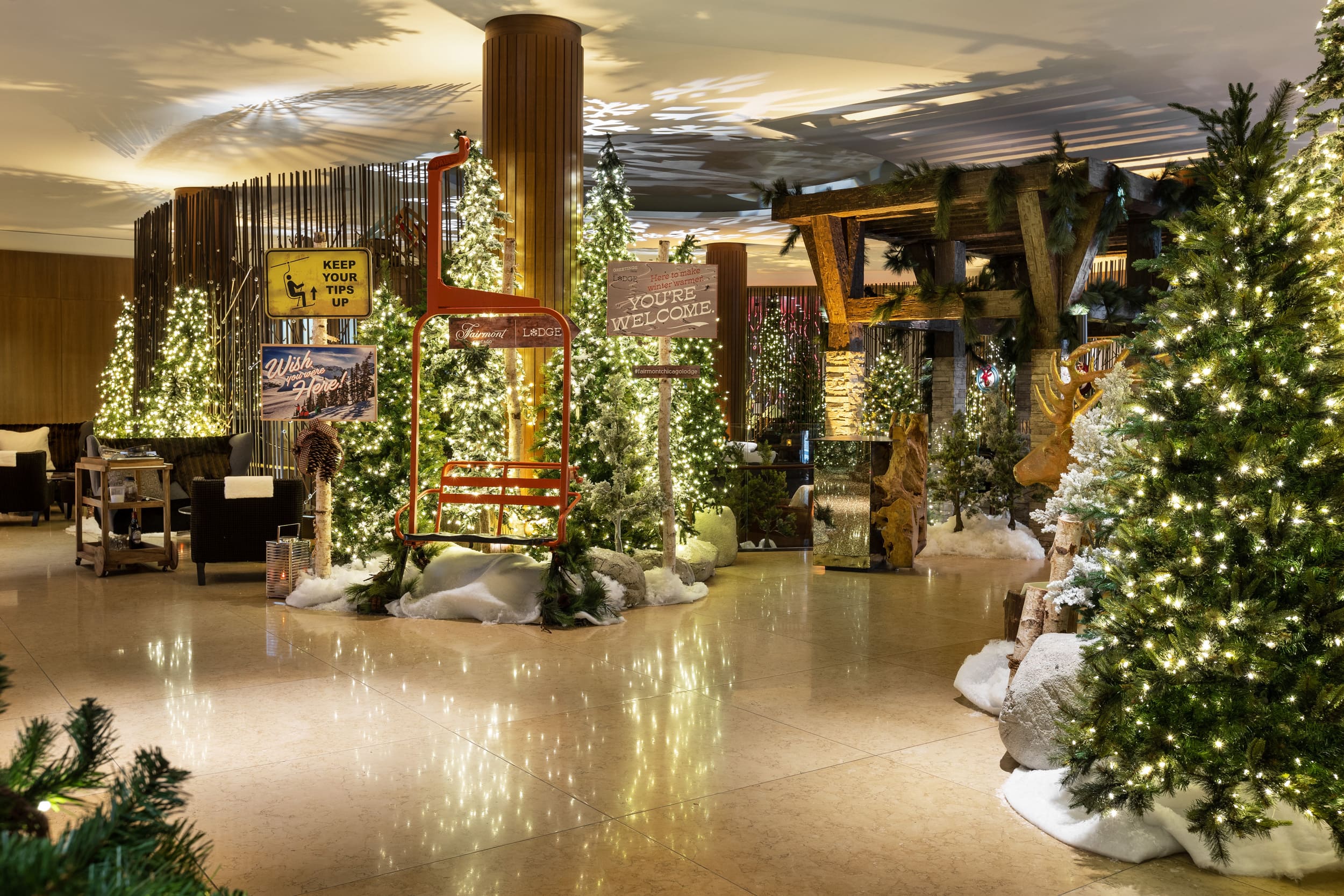 lobby decorated for the winter season