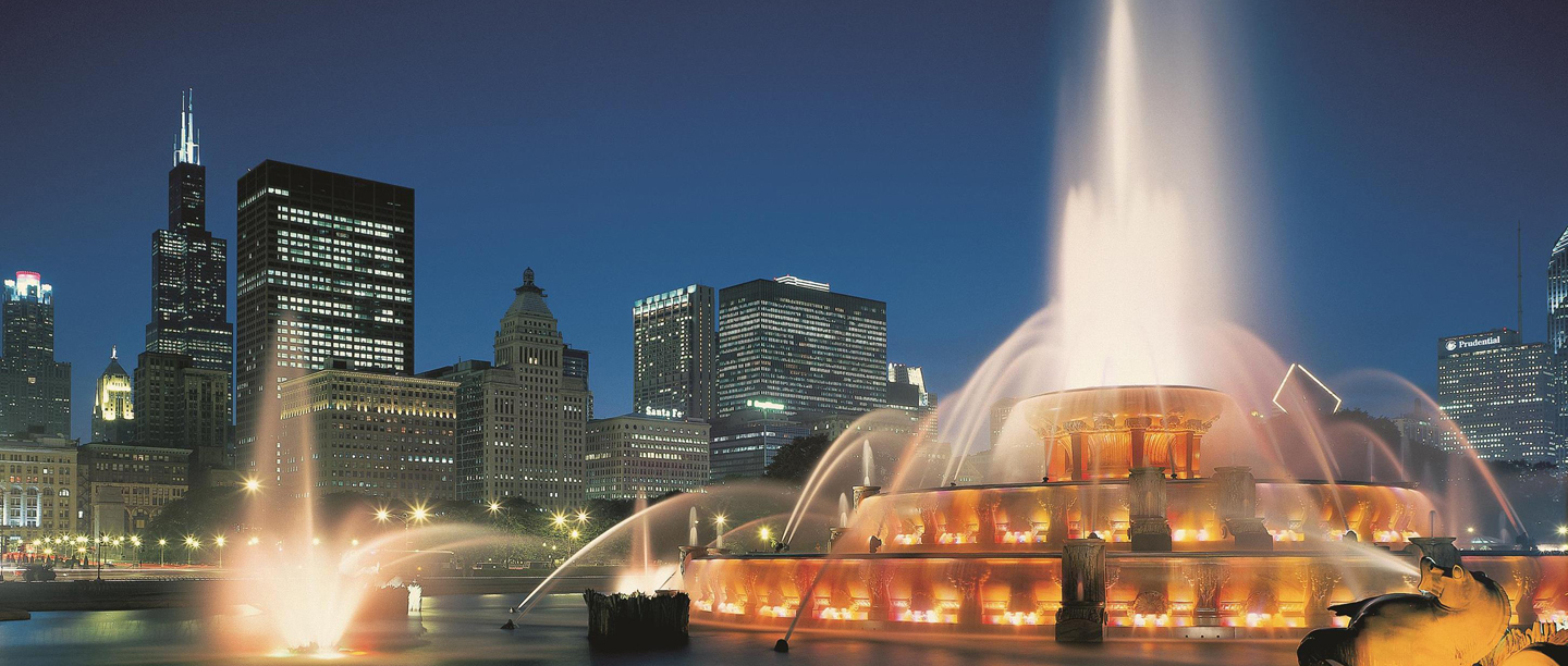 fountain lit up at night