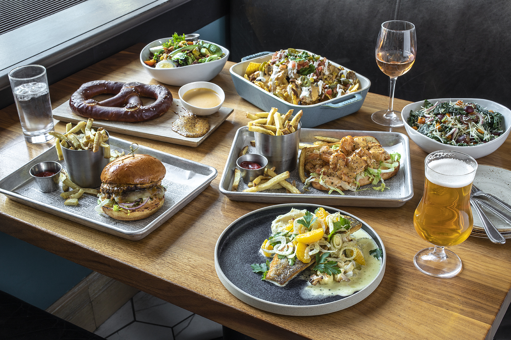 tablescape of pub food